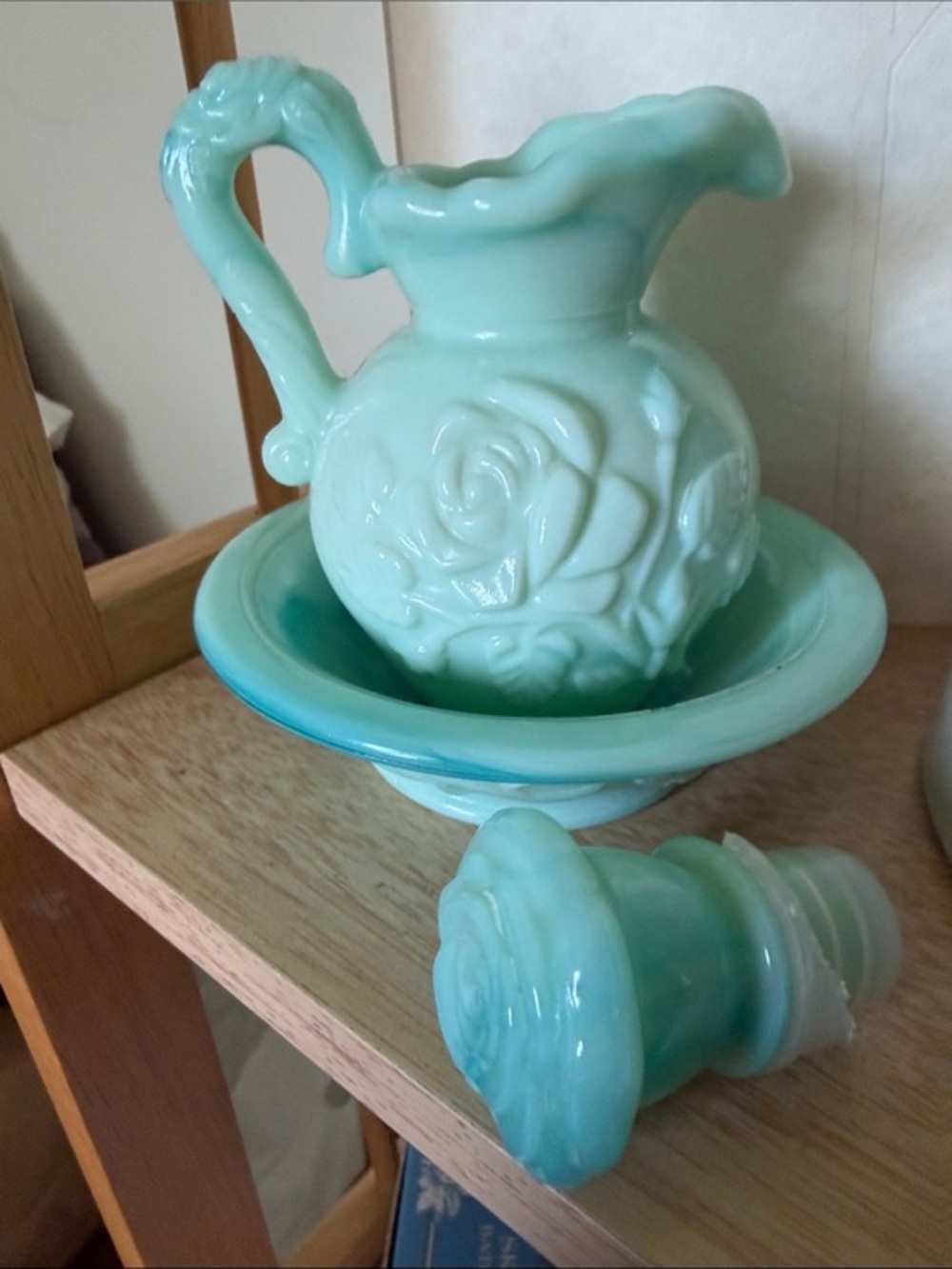 Vintage Avon Jadeite Green Swirl Milk Glass mini pitcher and basin set